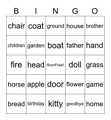 Dolch Noun Bingo Card