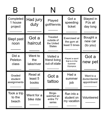 Teacher Spring Break Vacation Bingo Card
