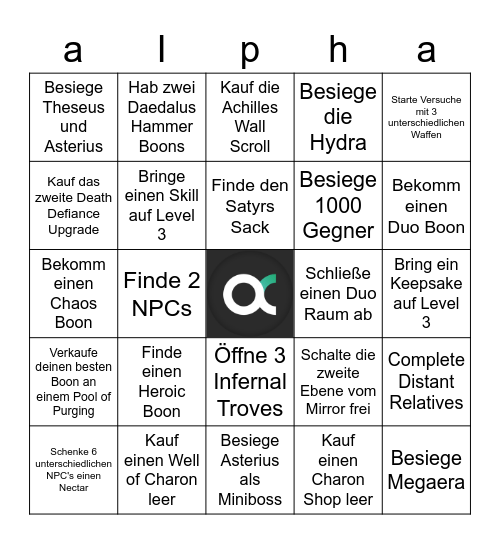 alpha Hades Speedrun Bingo Card