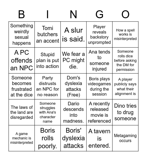 Tomi's DND game bingo 4/13/2022 Bingo Card