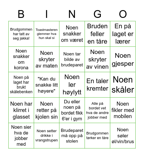 Bryllupsbingo Card