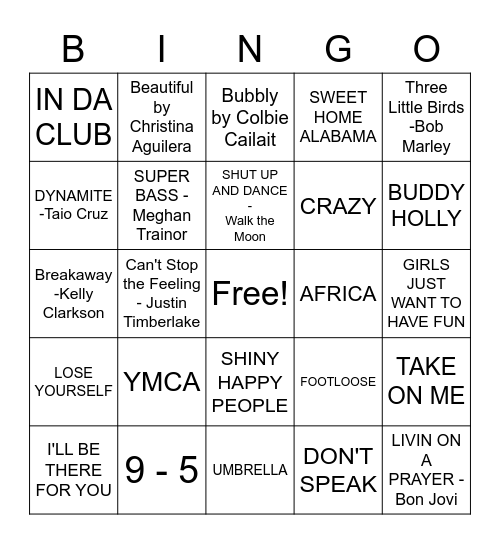 Name That Tune 4/13/2022 Bingo Card