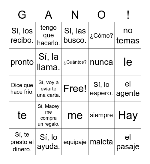 Spanish 1 Lesson 17 Bingo Card