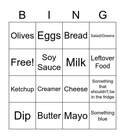 MTV Crib Fridge Edition Bingo Card