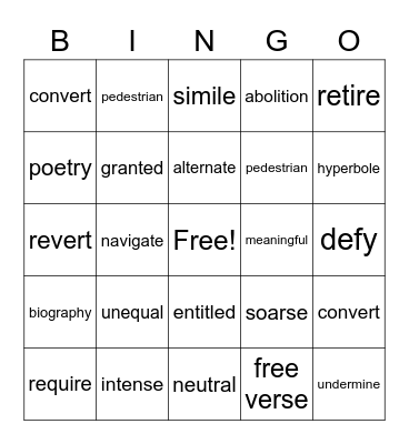 Vocabulary Bingo Card