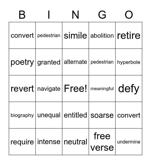 Vocabulary Bingo Card