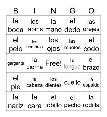 spanish words Bingo Card