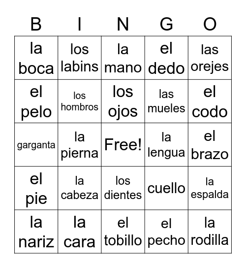 spanish words Bingo Card