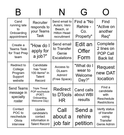 Casting Bingo Card