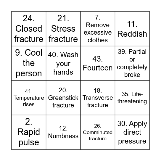 First Aid Bingo Card