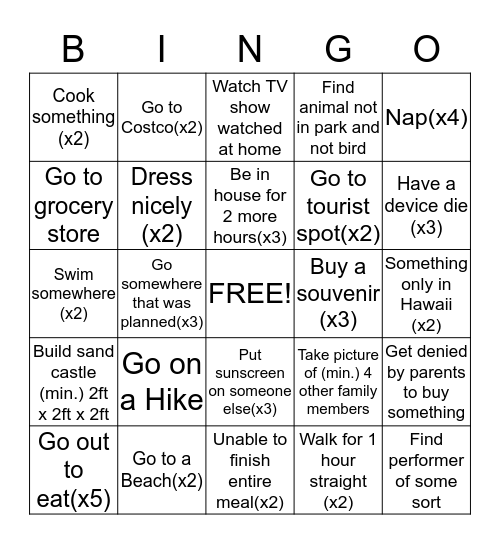 Hawai Trip Bingo(Activities) Bingo Card