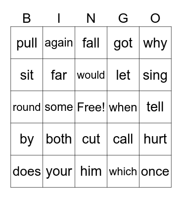 V2 Sight Words Bingo Card