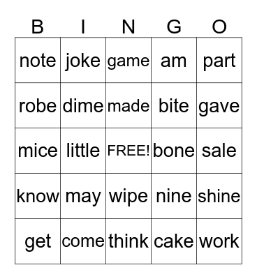 Sight Words Bingo Card