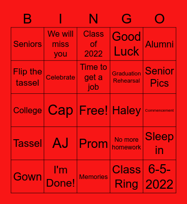 Graduation 2022 Bingo Card