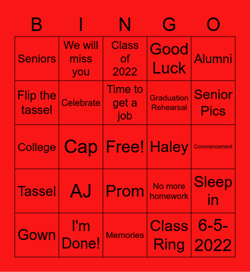 Graduation 2022 Bingo Card