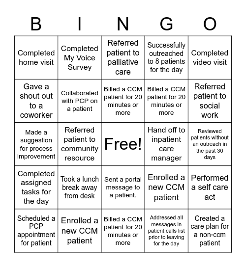 Chronic Care Management BINGO Card