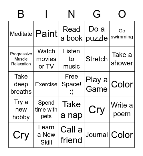 Positive Coping Skills Bingo Card