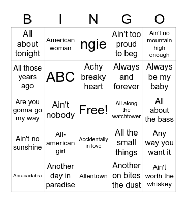 A-Songs Bingo Card