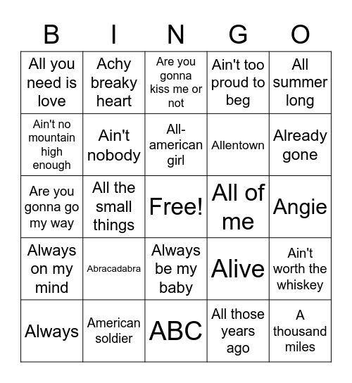 A-Songs Bingo Card
