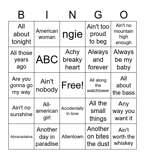 A-Songs Bingo Card