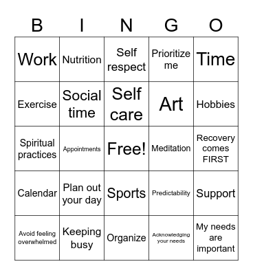 Respecting your time in Recovery Bingo Card