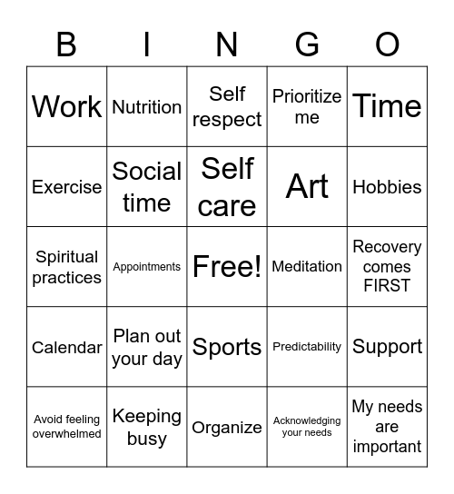 Respecting your time in Recovery Bingo Card