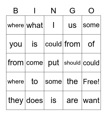 Sight Words Bingo Card