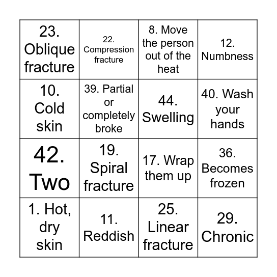 First Aid Bingo Card