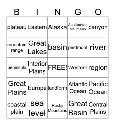 Landform Bingo  Bingo Card