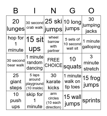 Fitness Bingo Card