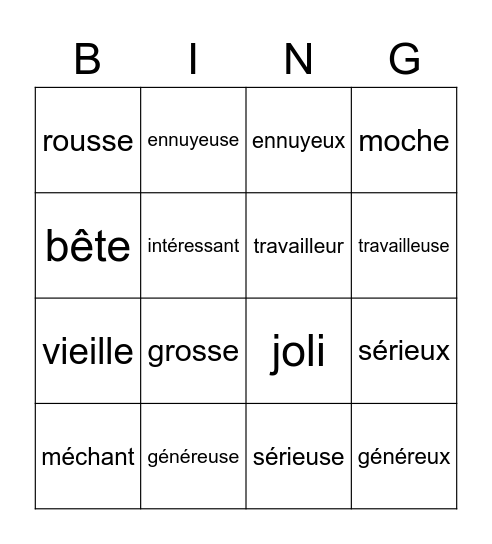 Description Bingo Card