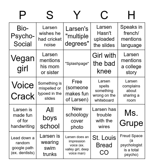 Larsen 2B Psych Bingo Card