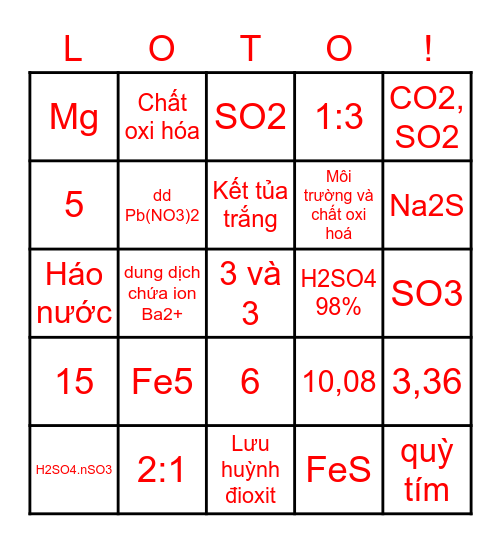 Hóa học Bingo Card