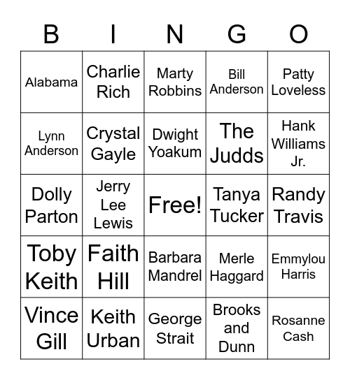 Countries Greatest Artists Bingo Card