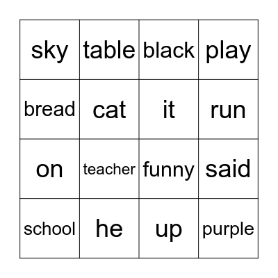 Edmark Words 49-64 Bingo Card