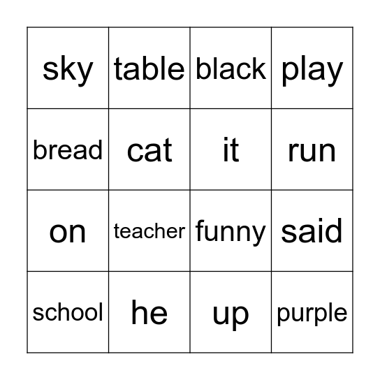 Edmark Words 49-64 Bingo Card
