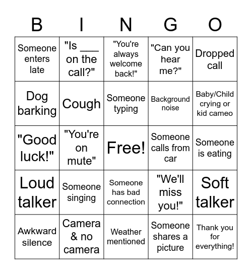 Lindsey's Virtual Goodbye Bingo Card