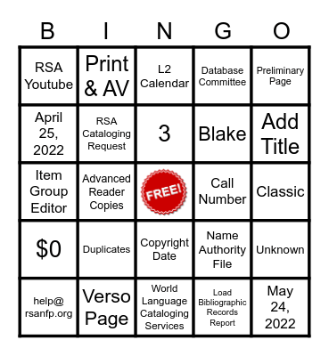 RSA Day 2022: Cataloging Bingo #1 Bingo Card