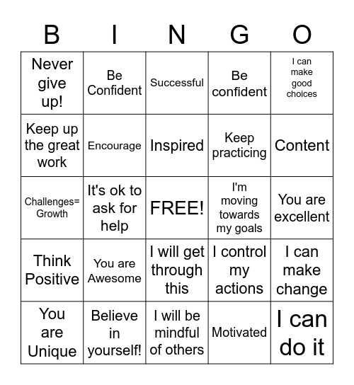 Motivation and Encouragement Bingo Card