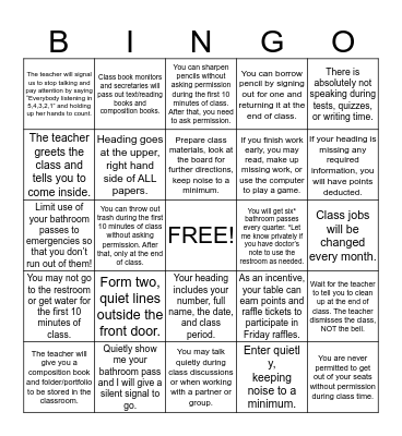 Class Procedures Bingo Card