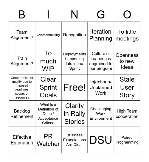 Rally Retro Bingo Card