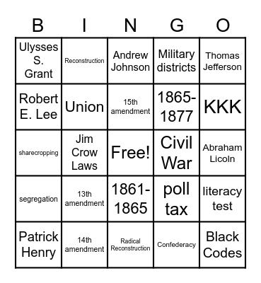 US History Bingo Card