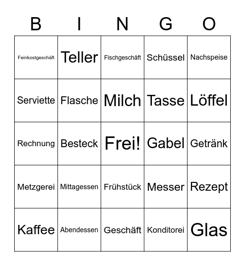 Places, Utensils and Drinks Bingo Card