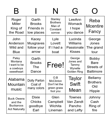 Greatest Country Songs Bingo Card