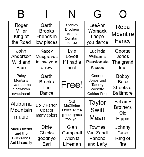 Greatest Country Songs Bingo Card