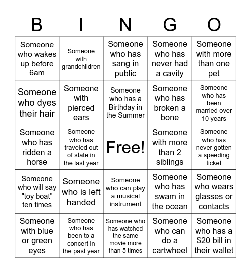 Social Wellness Bingo Card