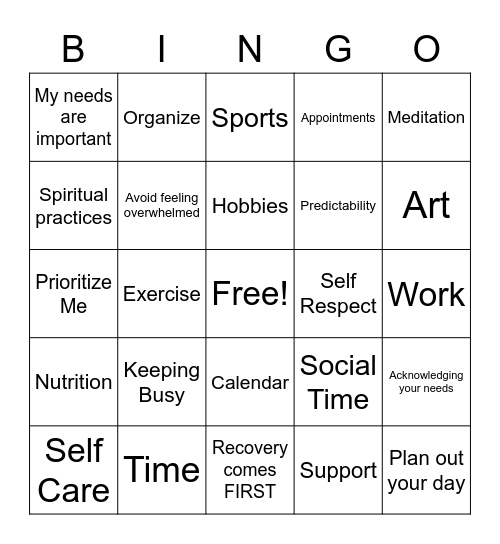 Respecting your time in Recovery Bingo Card