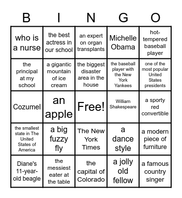 Appositive Bingo Card