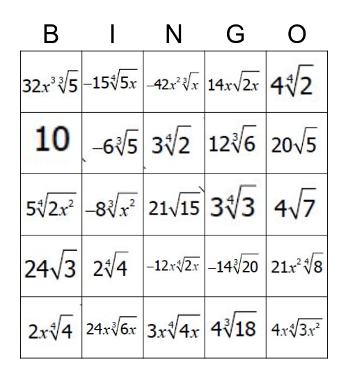 Simplifying Radicals Bingo Card