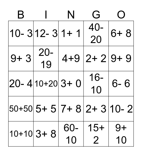 Liitmine ja lahutamine Bingo Card